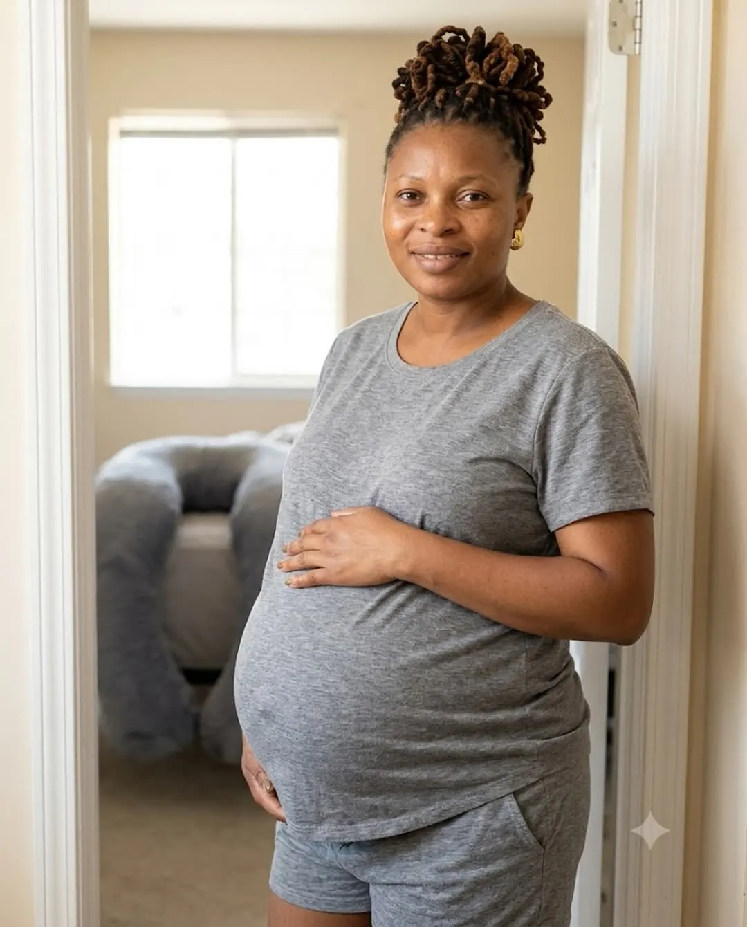 The same pregnant woman standing in a bright doorway the next morning, rested and happy, the pillow visible on the bed behind her.